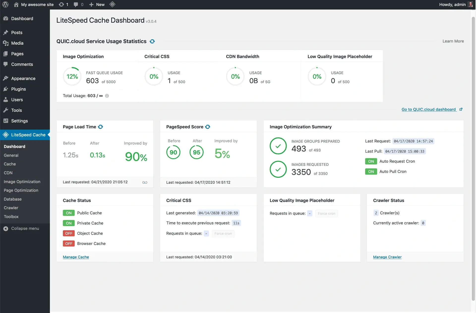 LiteSpeed Cache dashboard interface showcasing advanced speed settings for the Best WordPress cache plugin 2025