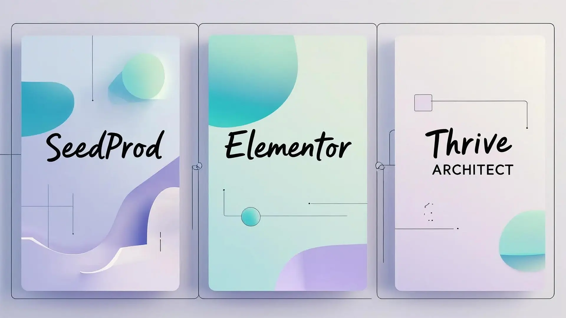 Side-by-side comparison chart of Thrive Architect, Elementor, and SeedProd page builders highlighting performance, features, and customization differences.