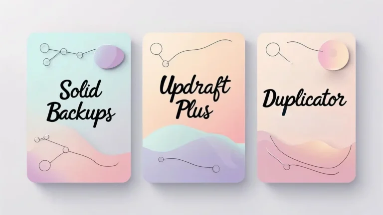 Visual comparison of Solid Backups (formerly BackupBuddy), UpdraftPlus, and Duplicator – top-rated WordPress backup plugins for 2025 with features, speed, cloud integration, and ease of use.