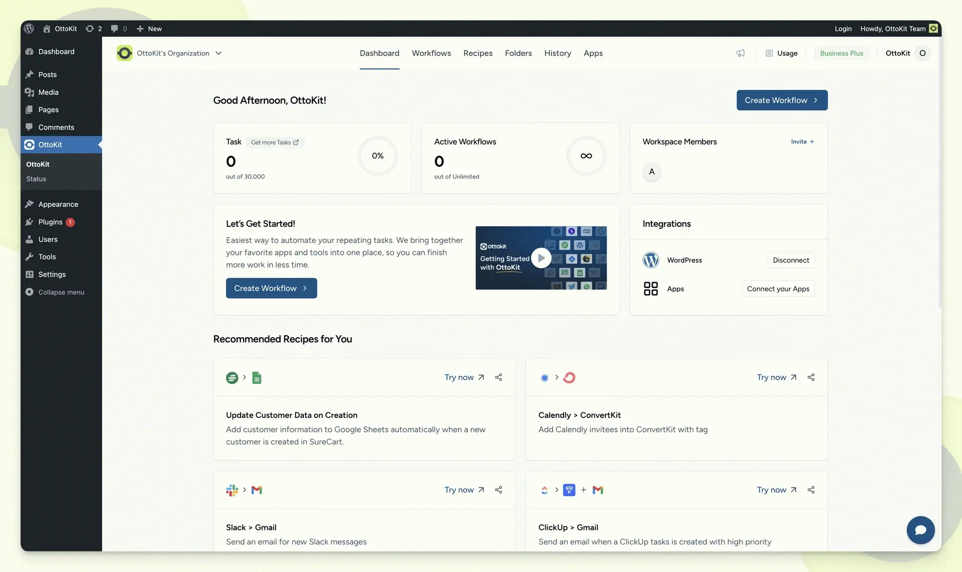 Interactive SureTriggers and OttoKit dashboard interface showcasing advanced workflows and automation capabilities – Best WordPress Automation Plugin 2025 comparison.