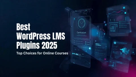 Futuristic hero with glass HUD panels (progress, quiz, certificate, analytics, cart) and the title “Best WordPress LMS Plugins 2025: Top Choices for Online Courses”.