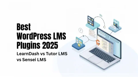 TrendMeadow hero: Best WordPress LMS Plugins 2025—LearnDash, Tutor LMS, and Sensei LMS with WooCommerce icons, course builder and quiz UI