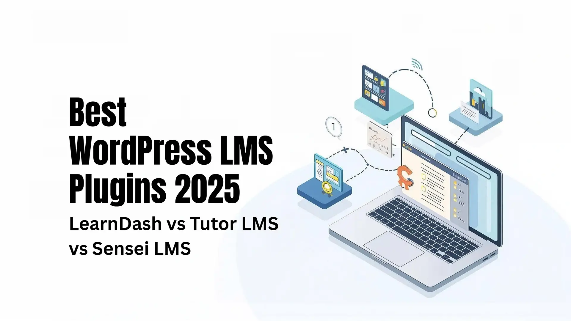 TrendMeadow hero: Best WordPress LMS Plugins 2025—LearnDash, Tutor LMS, and Sensei LMS with WooCommerce icons, course builder and quiz UI