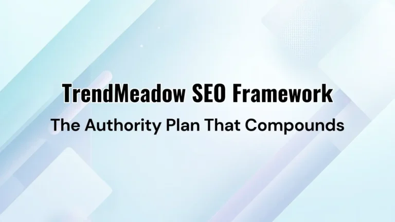 Blog SEO strategy framework for TrendMeadow showing the steps Research, Explain, Compare, Recommend, Update